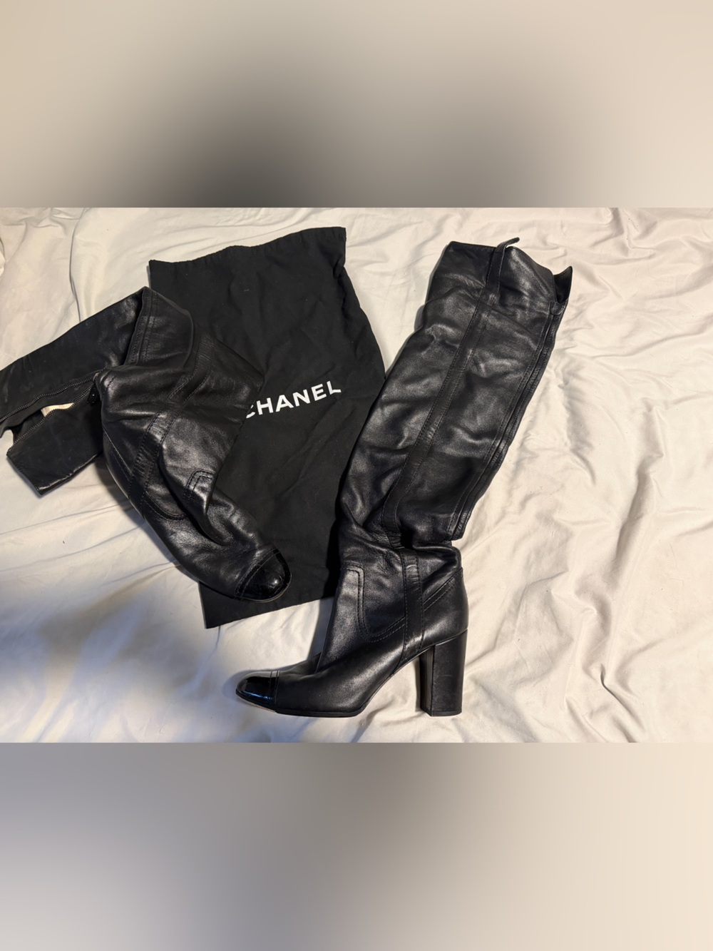 CHANEL Black Leather Knee-High Boots with Block Heel